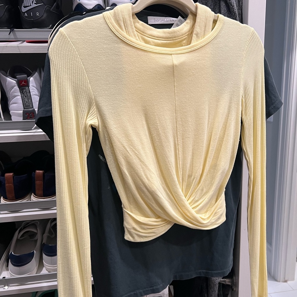 Butter, yellow workout top with matching sports bra